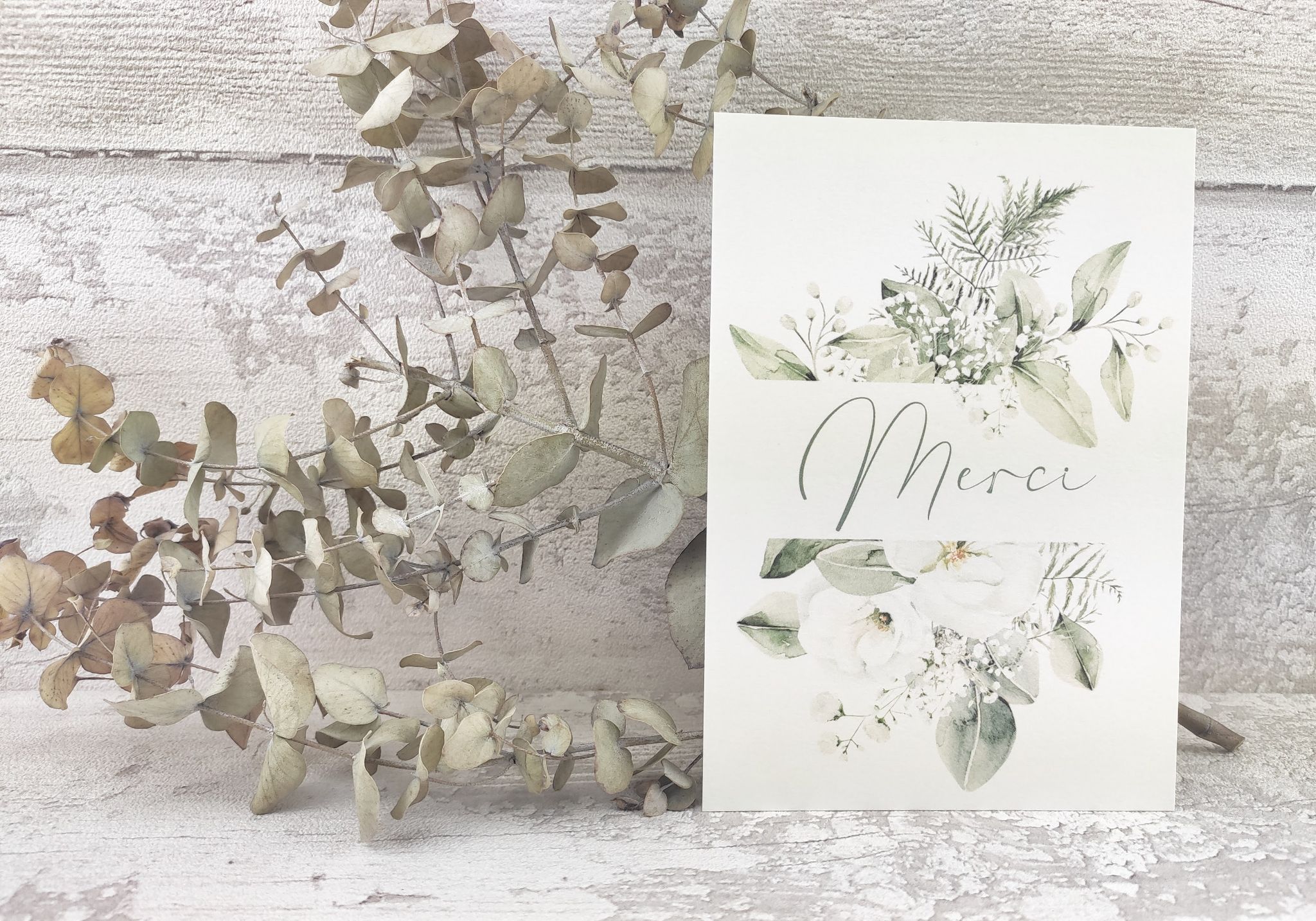 Carte remerciement feuillage gypsophile nature