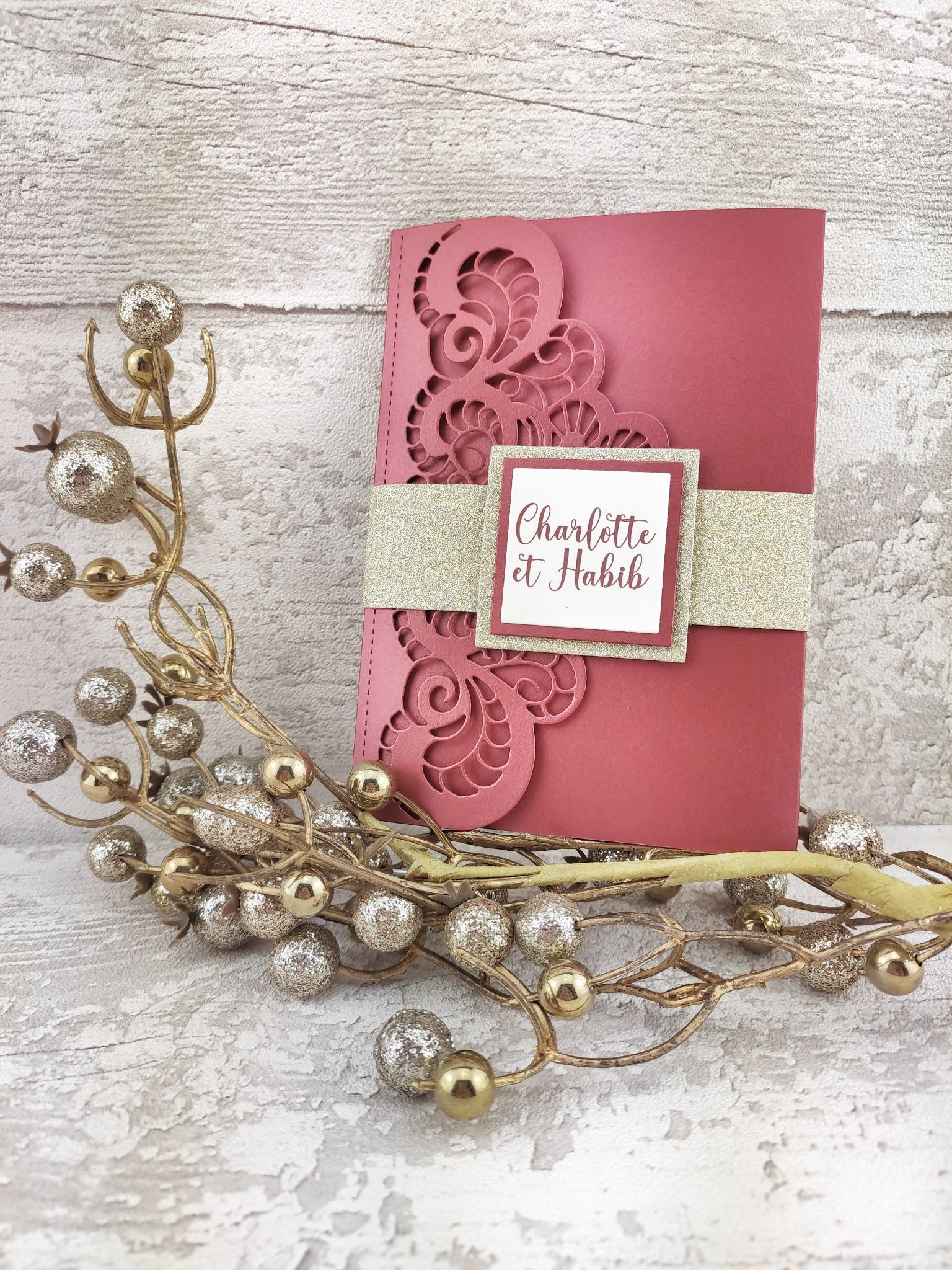 Faire part cisele rouge or oriental