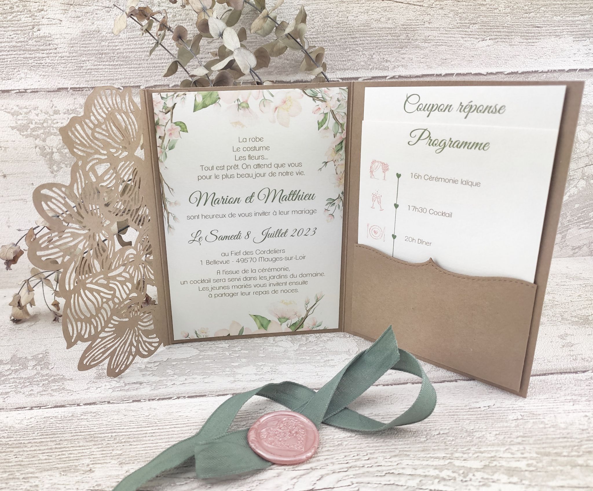 Faire part kraft cisele champetre sceau cire2