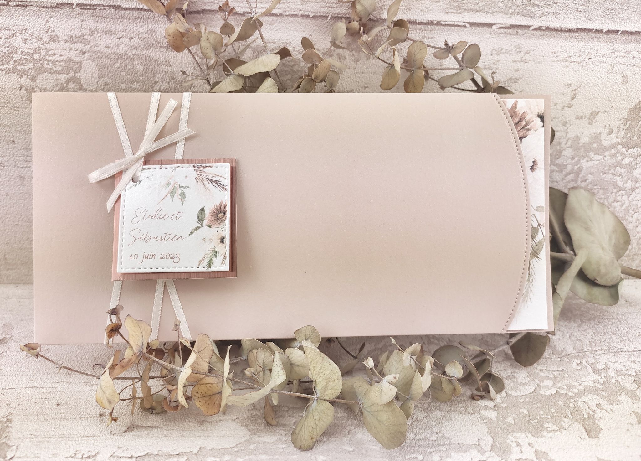 Faire part pochette mariage boheme nude