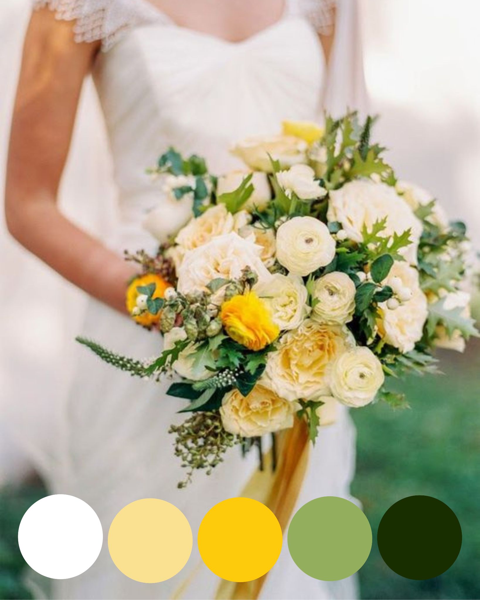 Palette de couleur mariage bouquet mariee blanc jaune